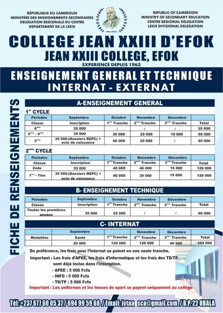 La classe de 6ème est gratuite au Collège Jean XXIII d'Efok