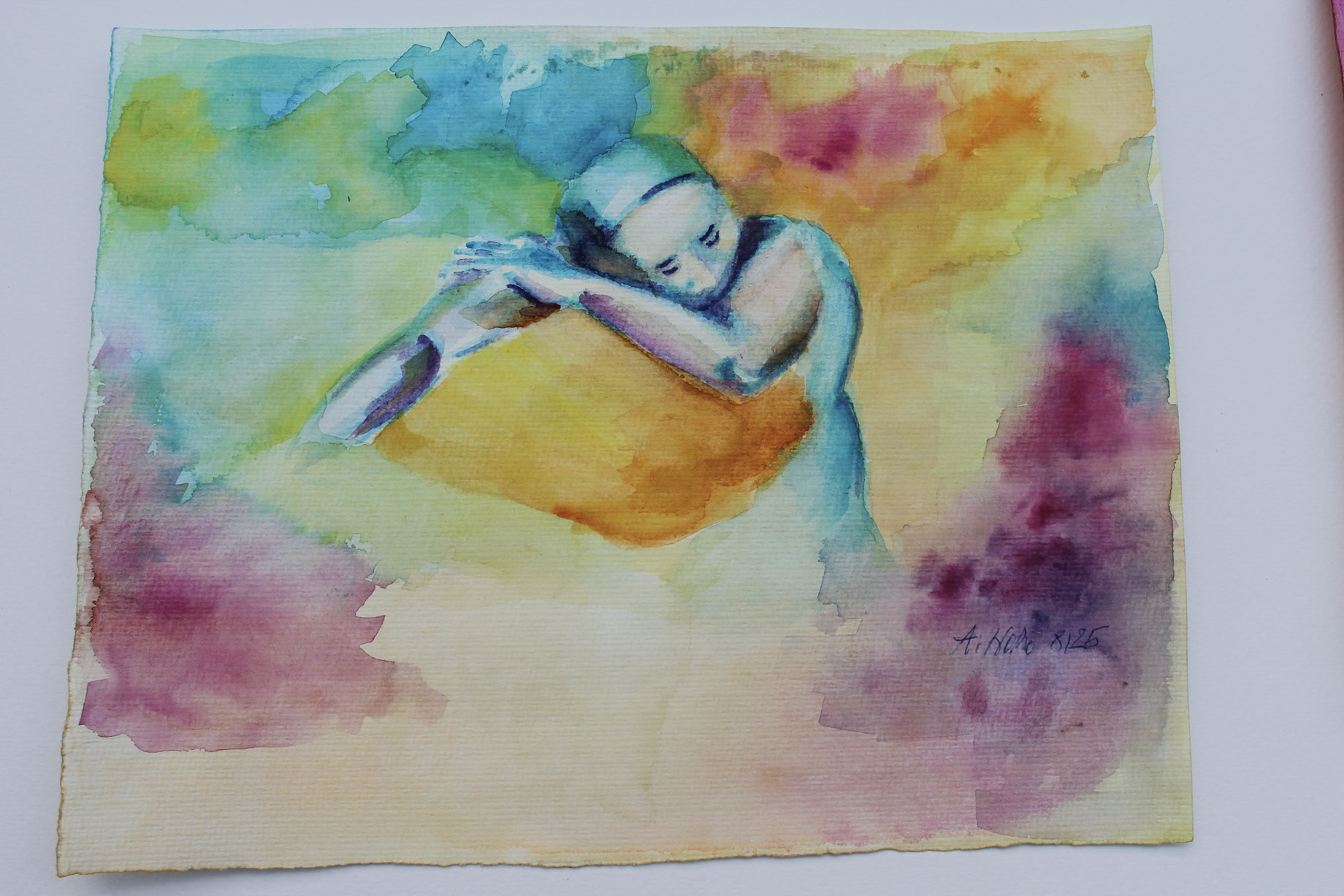 Aquarellfarben sind so schön in ihrer Leuchtkraft. Spontan farbige Flächen gegeneinander setzen und mit einem Motiv verbinden.