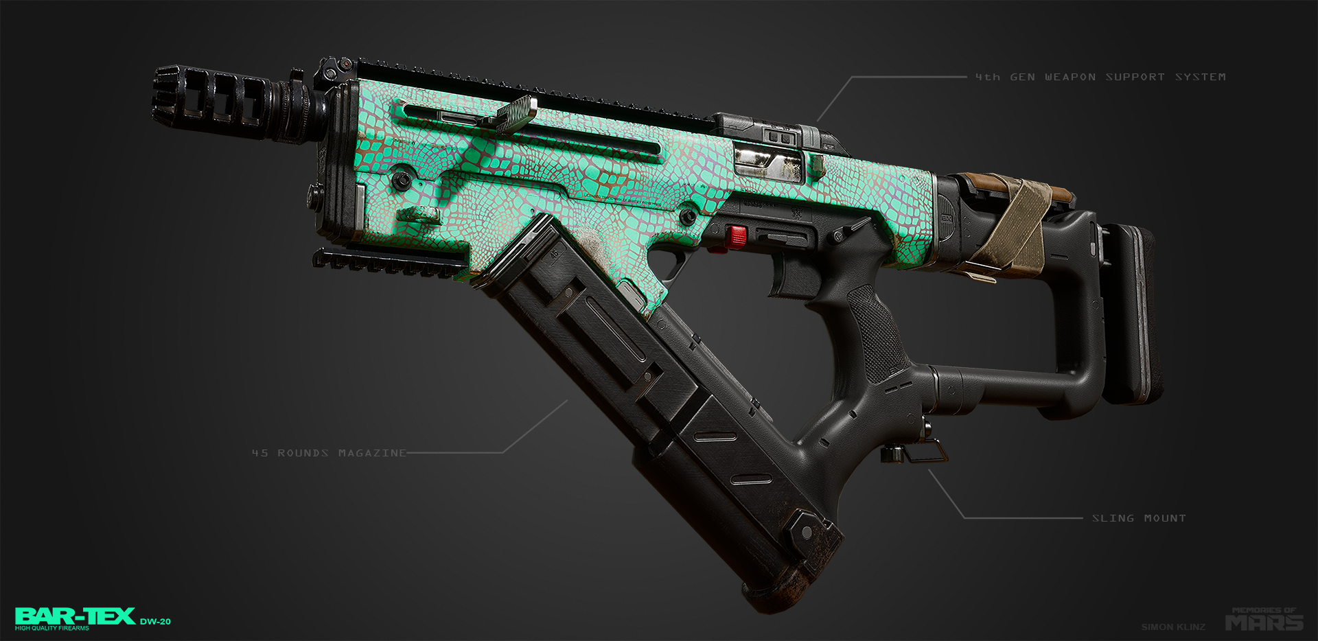 Submachine gun design for Memories of Mars. First person ingame model with extended barrel and magazine.