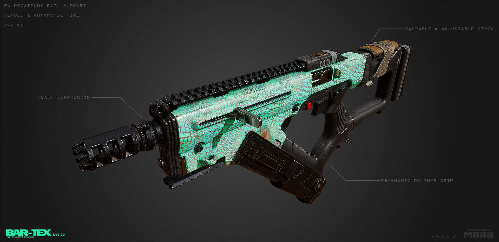 Submachine gun design for Memories of Mars. First person ingame model with extended barrel and magazine.