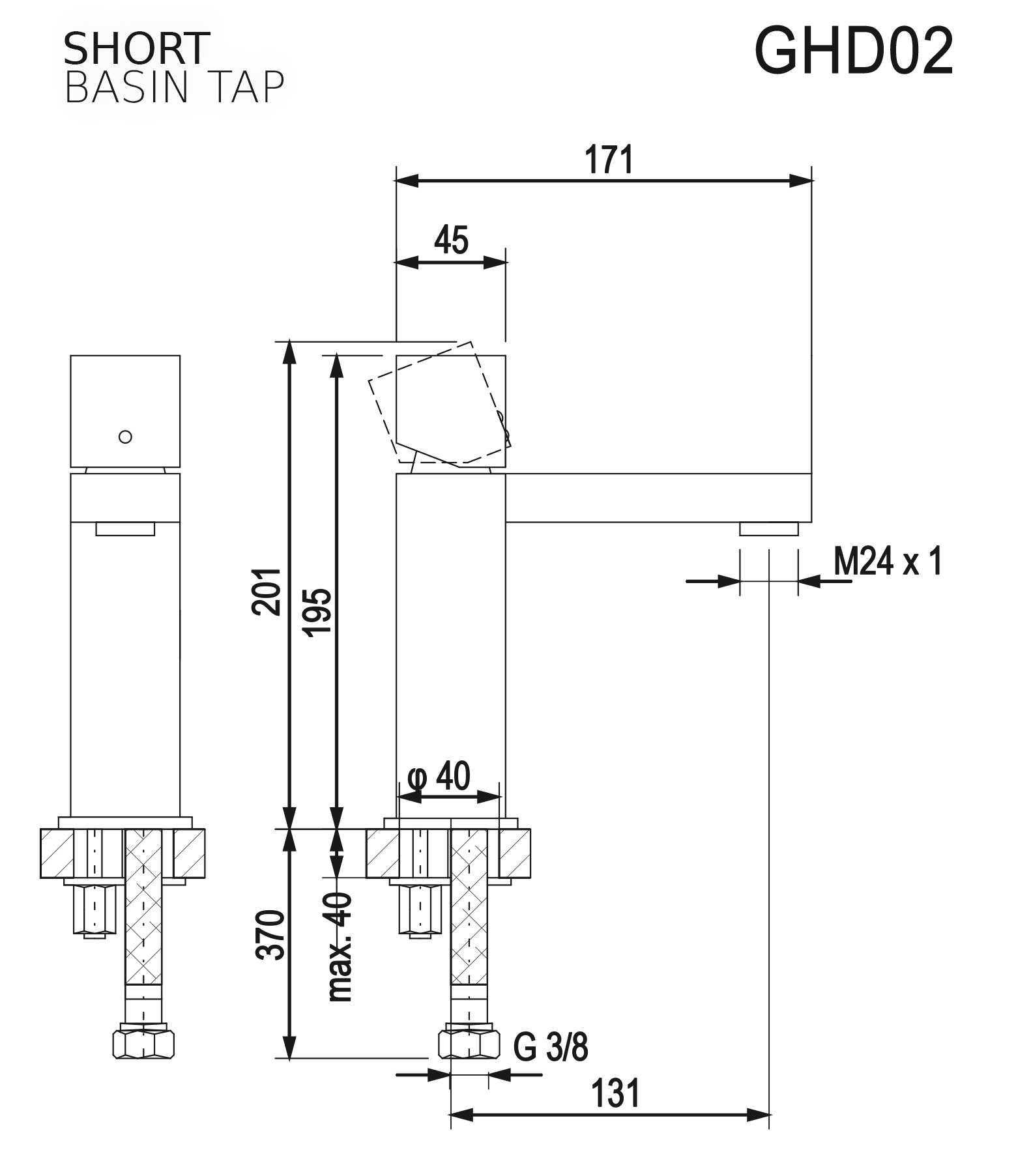 Niedrige Waschtischarmatur GHD02 (Technische Zeichnung)