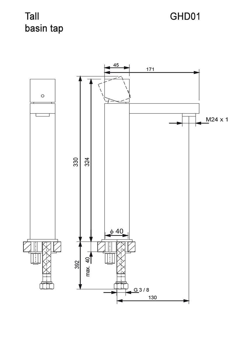 Hohe Waschtischarmatur GHD01 (Technische Zeichnung)