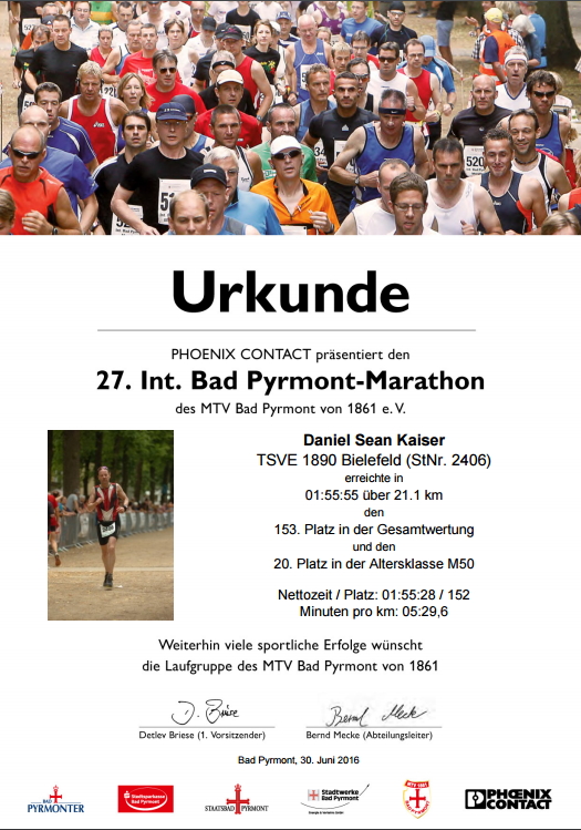 Bad Pyrmont (Halb-)Marathon 2016 - Urkunde