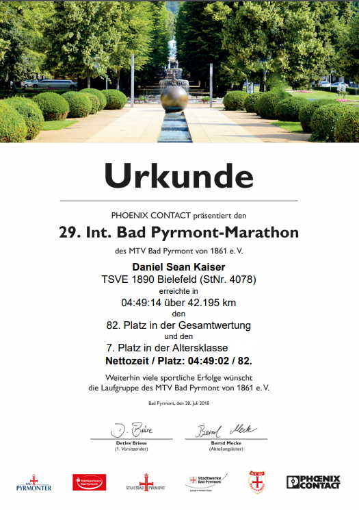 Bad Pyrmont Marathon 2018 - Urkunde