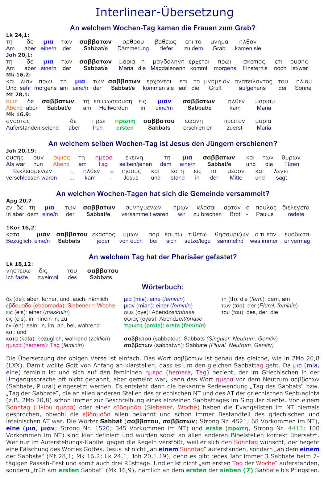 Interlinear-Übersetzung NT, Jesus Auferstehung am Sabbat Morgen, Bibel, Mt 28,1; Mk 16,2, Mk 16,9; Lk 24,1; Joh 20,1; Joh 20,19; Apg 20,7