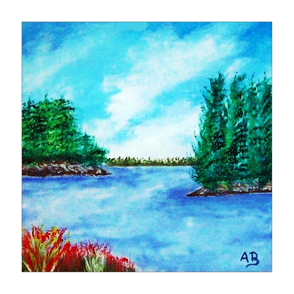 Landschaft-Acrylmalerei-Seelandschaft-Himmel-Wald-Bäume-Ufer-Wasser-See-Blumen-Gras-Felsen-Landschaftsmalerei-Acrylgemälde