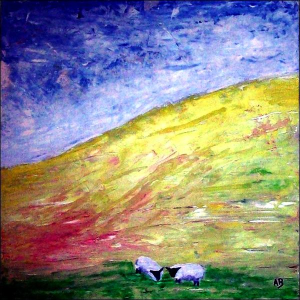 Landschaft in Wales-Ölmalerei-Hügel-Wiese-Schafe-Sommer-Blumen--Hügellandschaft-Ölbild-Ölmalerei