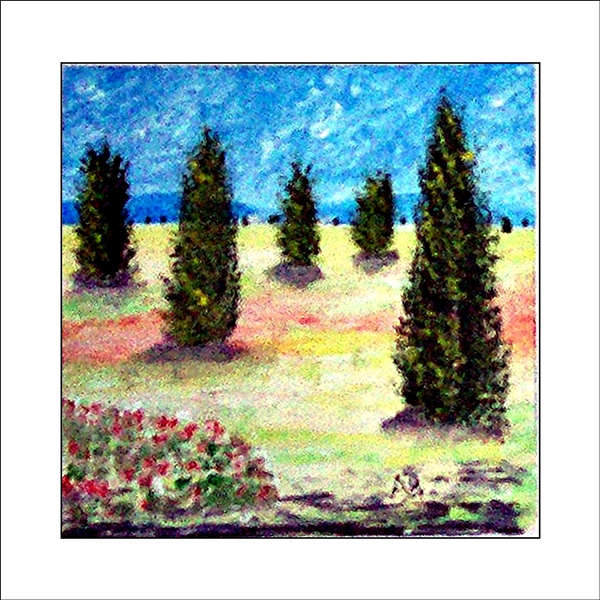 Landschaft in Öl mit blauem Himmel und Baumreihe. Im Vordergrund: gelbes Feld, Bäume und rote Blumen