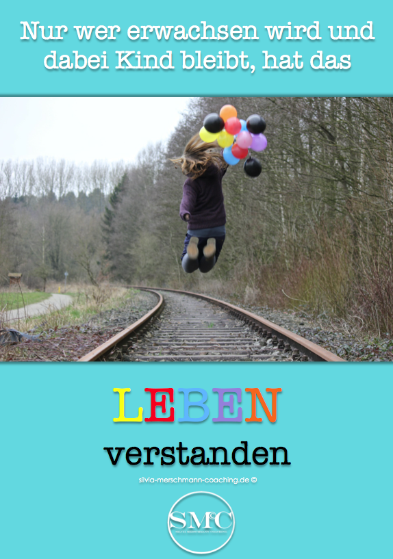 Springendes Kind mit bunten Luftballons. Bild mit Text.