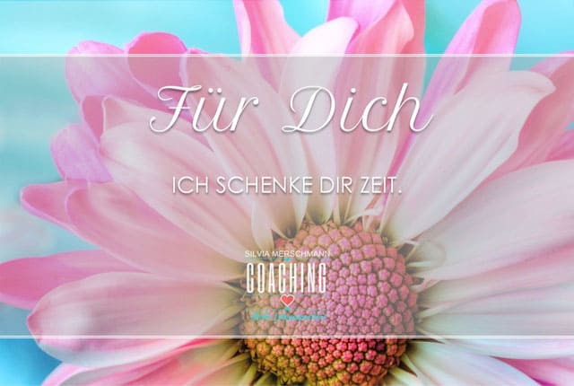 Pinkfarbene Blume in Großaufnahme mit Text.