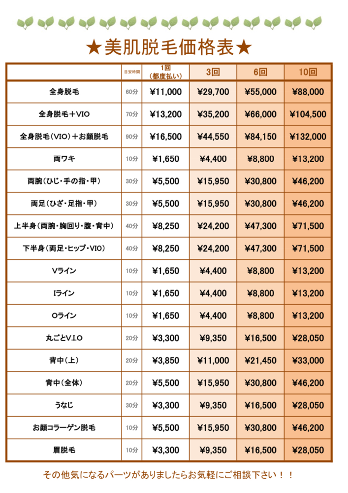 東京江戸川区船堀脱毛脱毛価格表料金表