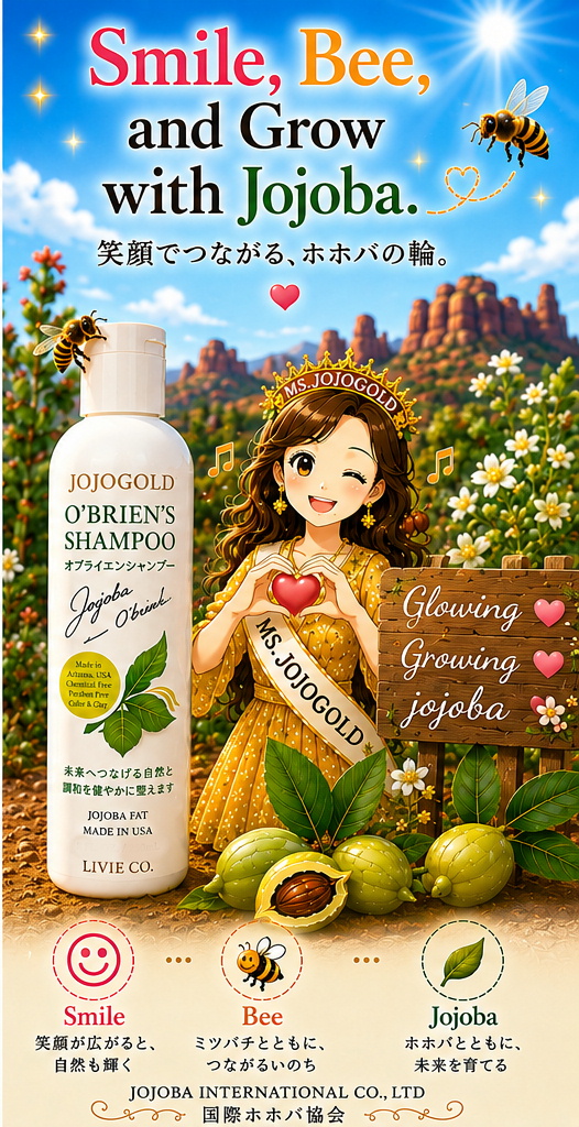 セドナの自然を背景に、原種ホホバの花とミツバチ、O'Brien's Shampoo を配した国際ホホバ協会の「LAUGH AND BEE JOJOBA FAT」ビジュアル。「笑う門には福来る」をテーマに、自然とホホバ、ミツバチの共生を表現したイメージ。