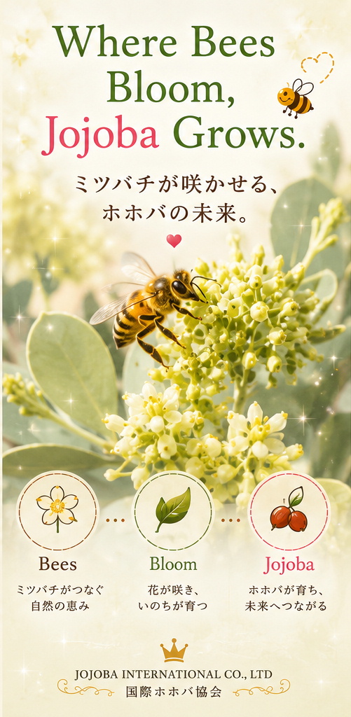 セドナの自然を背景に、原種ホホバの花とミツバチ、O'Brien's Shampoo を配した国際ホホバ協会の「LAUGH AND BEE JOJOBA FAT」ビジュアル。「笑う門には福来る」をテーマに、自然とホホバ、ミツバチの共生を表現したイメージ。