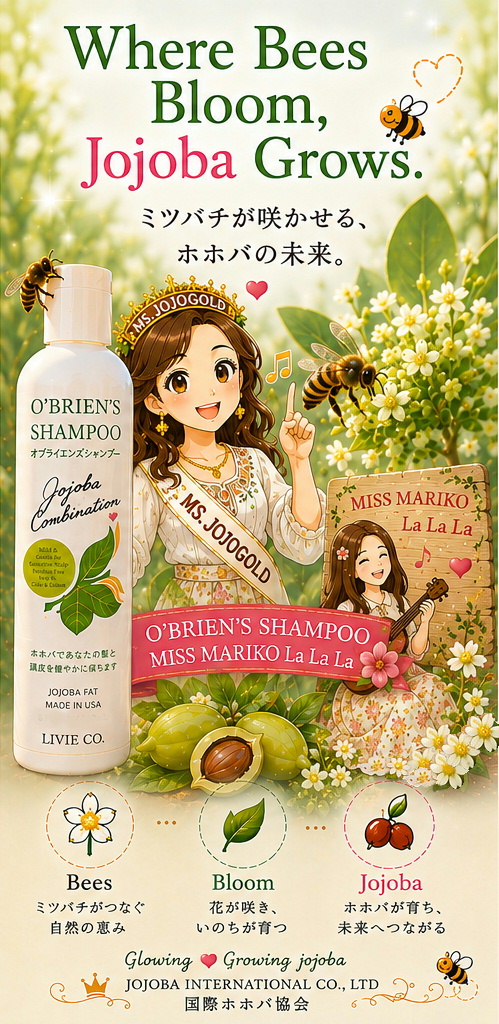 セドナの自然を背景に、原種ホホバの花とミツバチ、O'Brien's Shampoo を配した国際ホホバ協会の「LAUGH AND BEE JOJOBA FAT」ビジュアル。「笑う門には福来る」をテーマに、自然とホホバ、ミツバチの共生を表現したイメージ。
