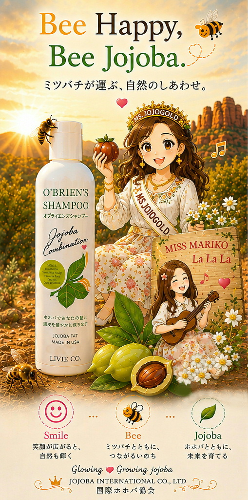 セドナの自然を背景に、原種ホホバの花とミツバチ、O'Brien's Shampoo を配した国際ホホバ協会の「LAUGH AND BEE JOJOBA FAT」ビジュアル。「笑う門には福来る」をテーマに、自然とホホバ、ミツバチの共生を表現したイメージ。