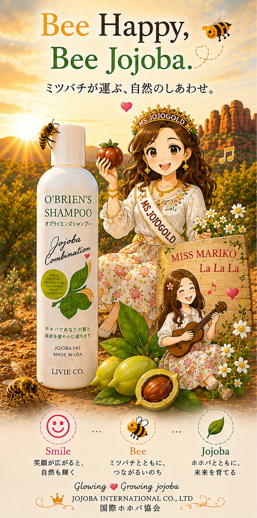 セドナの自然を背景に、原種ホホバの花とミツバチ、O'Brien's Shampoo を配した国際ホホバ協会の「LAUGH AND BEE JOJOBA FAT」ビジュアル。「笑う門には福来る」をテーマに、自然とホホバ、ミツバチの共生を表現したイメージ。