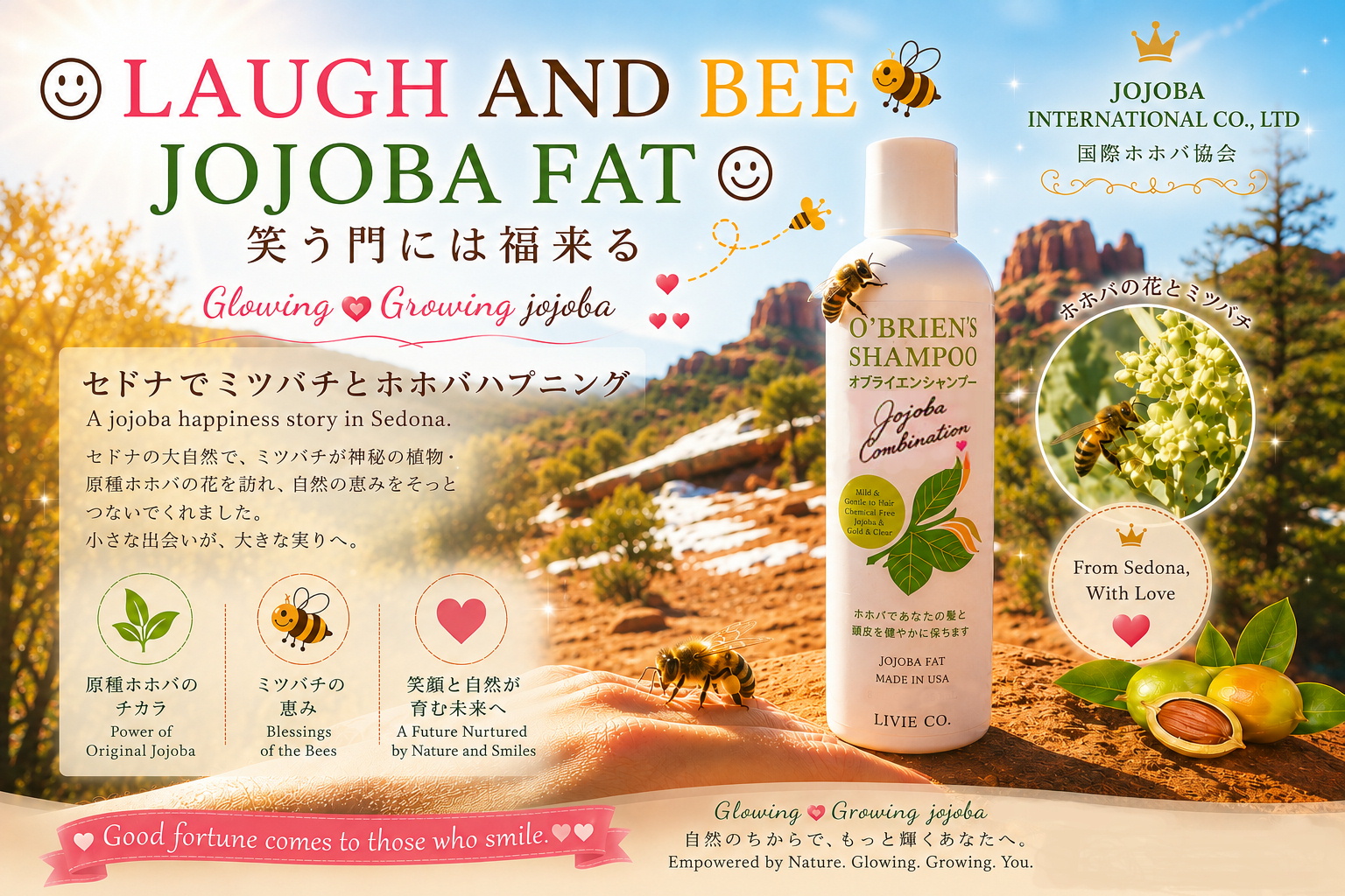 セドナの自然を背景に、原種ホホバの花とミツバチ、O'Brien's Shampoo を配した国際ホホバ協会の「LAUGH AND BEE JOJOBA FAT」ビジュアル。「笑う門には福来る」をテーマに、自然とホホバ、ミツバチの共生を表現したイメージ。