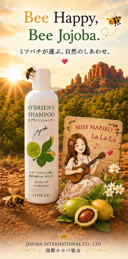 セドナの自然を背景に、原種ホホバの花とミツバチ、O'Brien's Shampoo を配した国際ホホバ協会の「LAUGH AND BEE JOJOBA FAT」ビジュアル。「笑う門には福来る」をテーマに、自然とホホバ、ミツバチの共生を表現したイメージ。