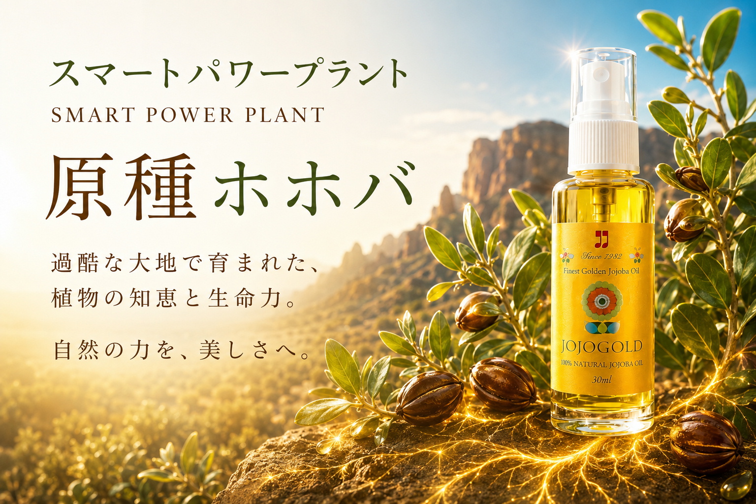 アリゾナの大地に育つ原種ホホバの葉と種、ホホゴールドのボトルを描いたスマートパワープラントPR画像