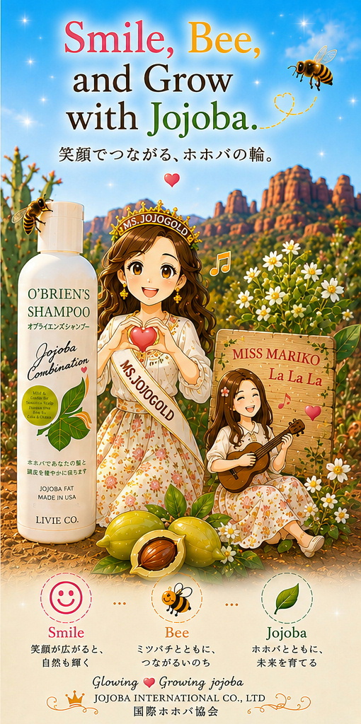 セドナの自然を背景に、原種ホホバの花とミツバチ、O'Brien's Shampoo を配した国際ホホバ協会の「LAUGH AND BEE JOJOBA FAT」ビジュアル。「笑う門には福来る」をテーマに、自然とホホバ、ミツバチの共生を表現したイメージ。