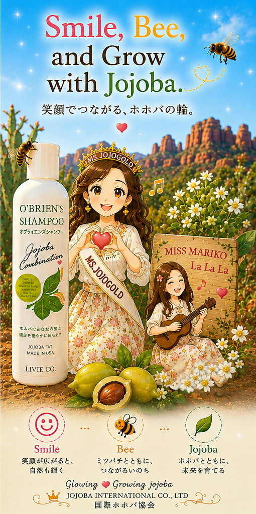 セドナの自然を背景に、原種ホホバの花とミツバチ、O'Brien's Shampoo を配した国際ホホバ協会の「LAUGH AND BEE JOJOBA FAT」ビジュアル。「笑う門には福来る」をテーマに、自然とホホバ、ミツバチの共生を表現したイメージ。