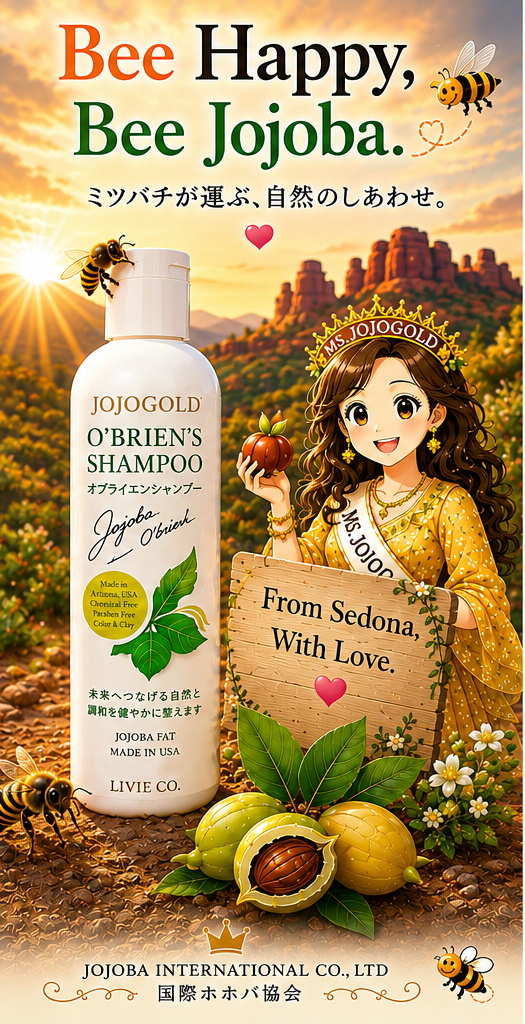 セドナの自然を背景に、原種ホホバの花とミツバチ、O'Brien's Shampoo を配した国際ホホバ協会の「LAUGH AND BEE JOJOBA FAT」ビジュアル。「笑う門には福来る」をテーマに、自然とホホバ、ミツバチの共生を表現したイメージ。