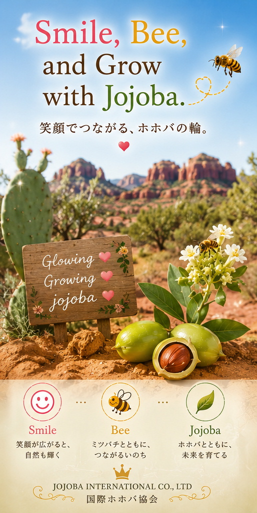 セドナの自然を背景に、原種ホホバの花とミツバチ、O'Brien's Shampoo を配した国際ホホバ協会の「LAUGH AND BEE JOJOBA FAT」ビジュアル。「笑う門には福来る」をテーマに、自然とホホバ、ミツバチの共生を表現したイメージ。