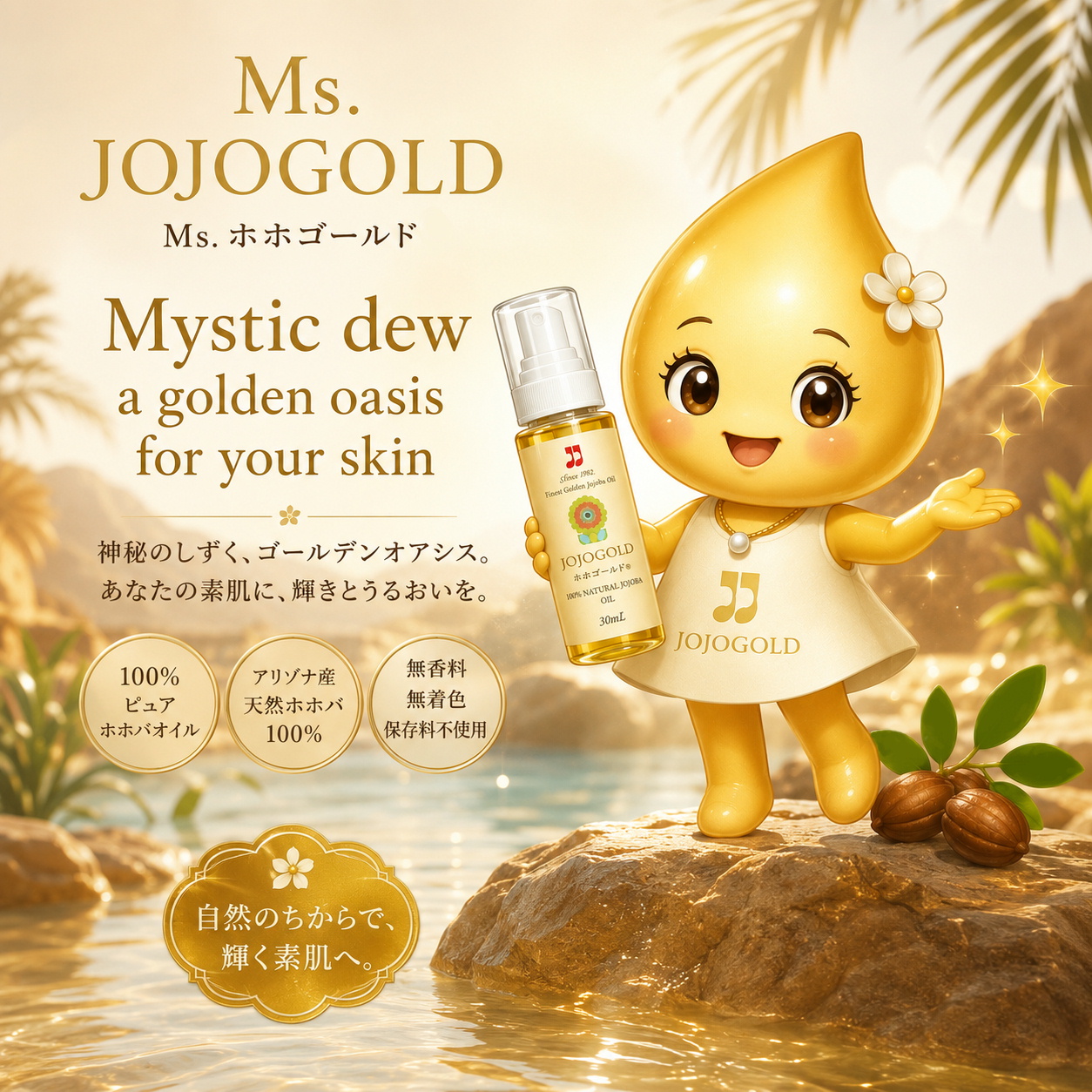 黄金色に輝くホホゴールド®の天然ホホバオイルの一滴から、公式マスコット『Ms. JOJOGOLD®（Ms. ホホゴールド®）』が誕生する幻想的なイラスト。アリゾナ州ハクアハラヴァレーの大自然を背景に、黄色いホホゴールド®ボトルと純粋種Sayuri原種ホホバの実が描かれ、口元左下の小さなほくろがチャームポイントのキャラクターが笑顔で両手を広げています。