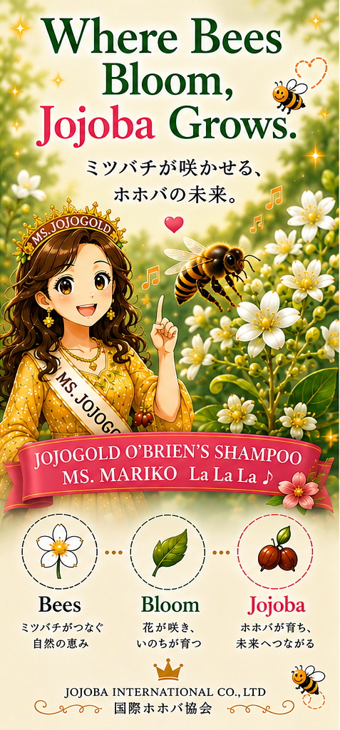 🐝 Bee Happy, Bee Jojoba. ミツバチとホホバがつなぐ、自然と笑顔の物語。アリゾナの風景を背景に、Ms. JOJOGOLDのキャラクター、JOJOGOLD O'BRIEN'S SHAMPOO、ホホバの花や実、蜜蜂を描いた3連アート。『Bee Happy, Bee Jojoba』『Where Bees Bloom, Jojoba Grows』『Smile, Bee, and Grow with Jojoba』のメッセージとともに、自然とホホバの共生を表現している。