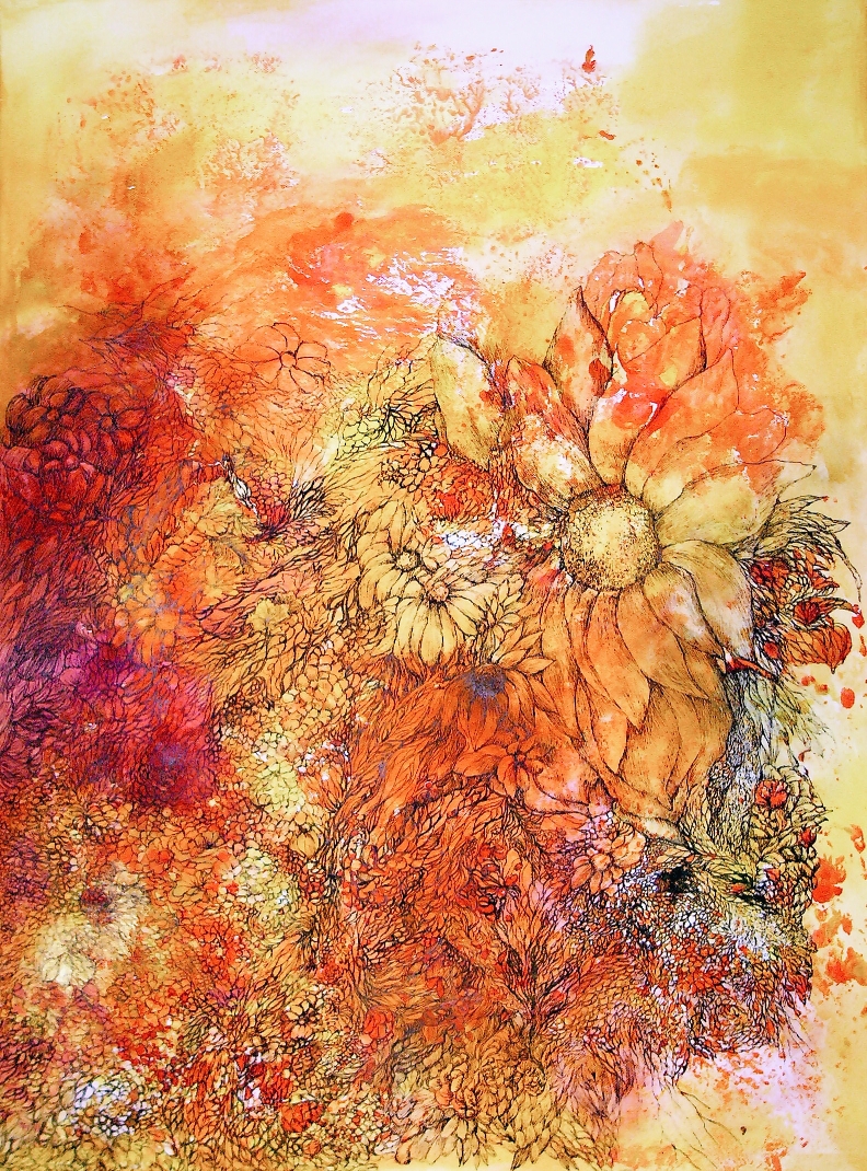 "Sunflowers", Mischtechnik: Monotypie und Grafik, gemischte Medien auf Leinwand, 80/60 cm, 2016