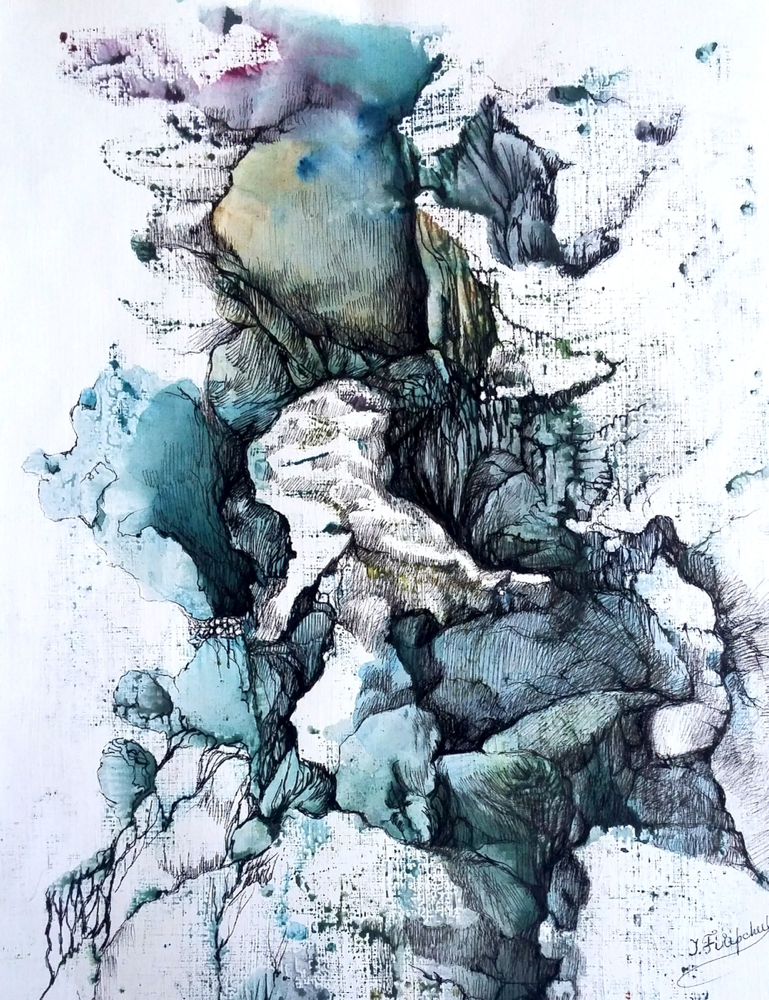 „River of Time“, Mischtechnik: Monotypie und Grafik, Aquarellfarben und Tusche auf Papier, 50/32 cm, 2021, ausgestellt in der Art Center Berlin Galerie