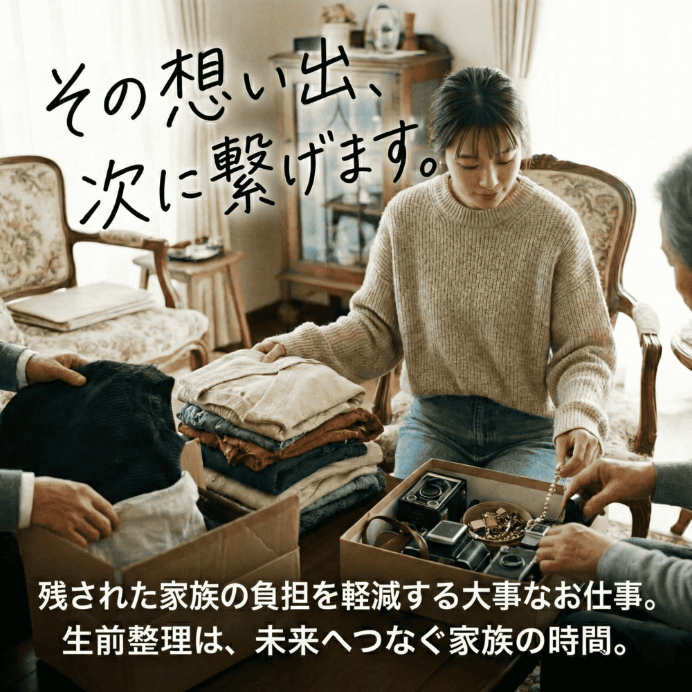 その想いで、次に繋げます。残された家族の負担を軽減する大事なお仕事。遺品整理・遺品買取・生前整理・残置物、ご相談ください。