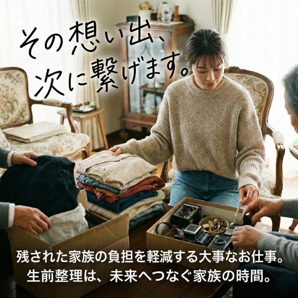 その想いで、次に繋げます。残された家族の負担を軽減する大事なお仕事。遺品整理・遺品買取・生前整理・残置物、ご相談ください。