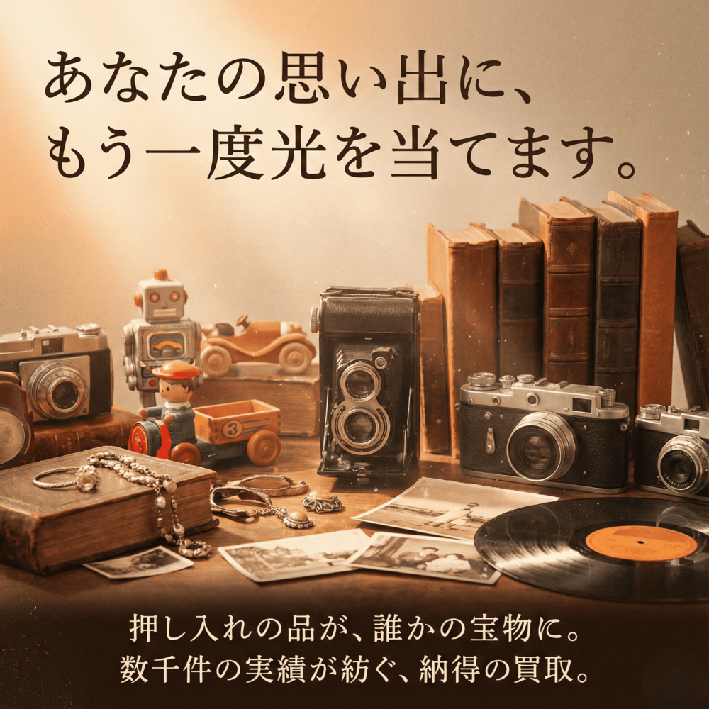 あなたの思い出に、もう一度光を当てます。押し入れの品が、誰かの宝物に。数千件の買取実績が紡ぐ、納得の買取。