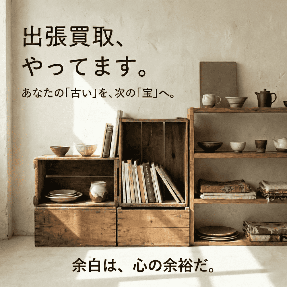 出張買取、やってます。あなたの「古い」を、「宝」へ。余白は、心の余裕だ。断捨離、ミニマリスト推奨。