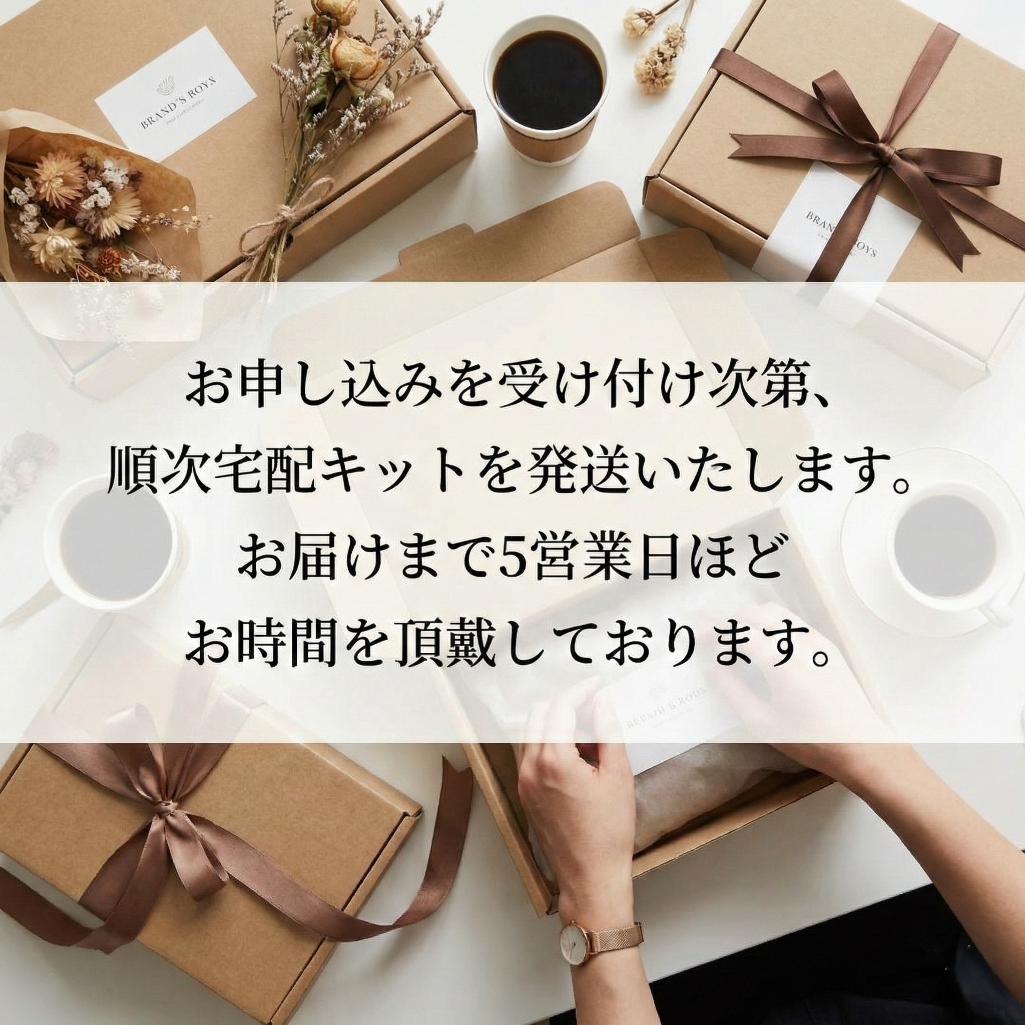 お申し込みを受け付け次第、順次宅配キットを発送いたします。お届けまで5営業日ほどお時間を頂戴しております。