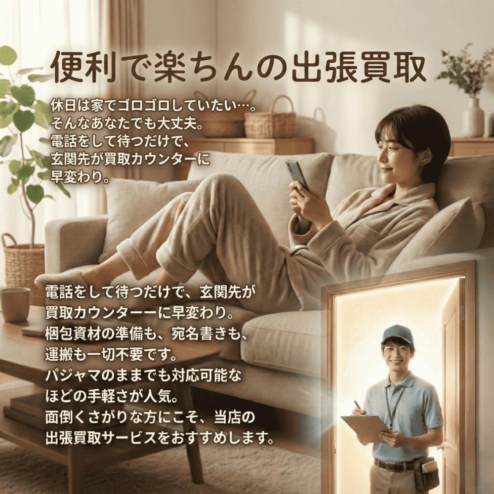 便利で楽ちんの出張買取。電話をして待つだけで、玄関先が買取カウンターに早変わり。パジャマのままでも対応可能なほどの手軽さが人気。
