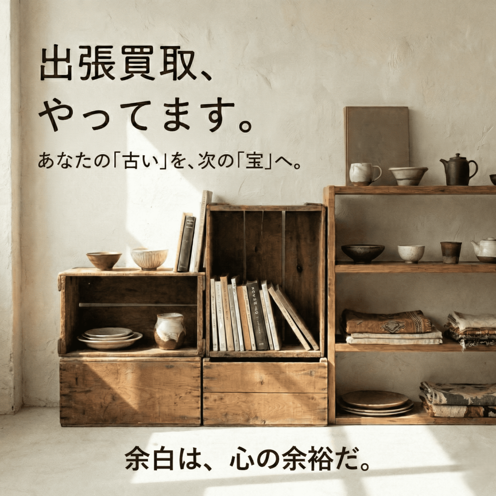 出張買取、やってます。あなたの「古い」を、「宝」へ。余白は、心の余裕だ。断捨離、ミニマリスト推奨。