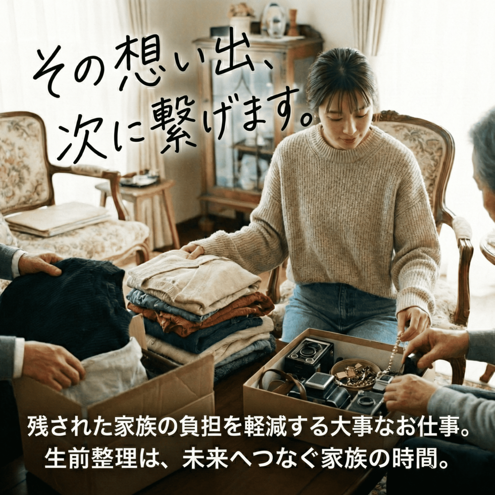 その想いで、次に繋げます。残された家族の負担を軽減する大事なお仕事。遺品整理・遺品買取・生前整理・残置物、ご相談ください。