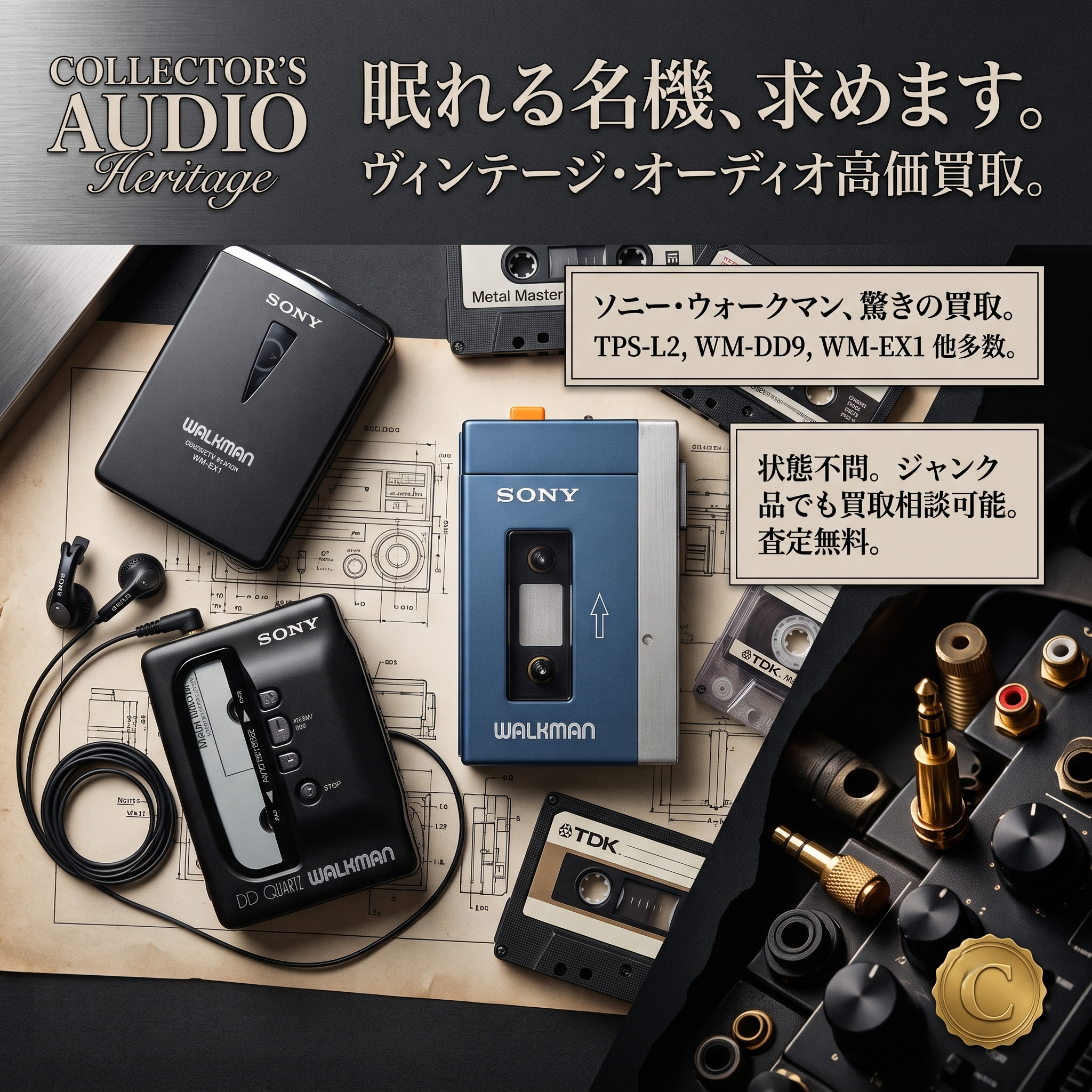 かつてあなたと音楽を繋いだ名機、眠らせていませんか？🎧  初代「TPS-L2」や、最高峰の音質を誇る「WM-DD9」など、ヴィンテージ・ウォークマンの価値が現在世界的に高騰しています。 当店では、オーディオの歴史を彩った名機たちを高価買取中。  「もう動かないから…」と諦める前に、ぜひ一度ご相談ください！ ジャンク品やキズのある状態でも、私たちがしっかりと価値を見出します。