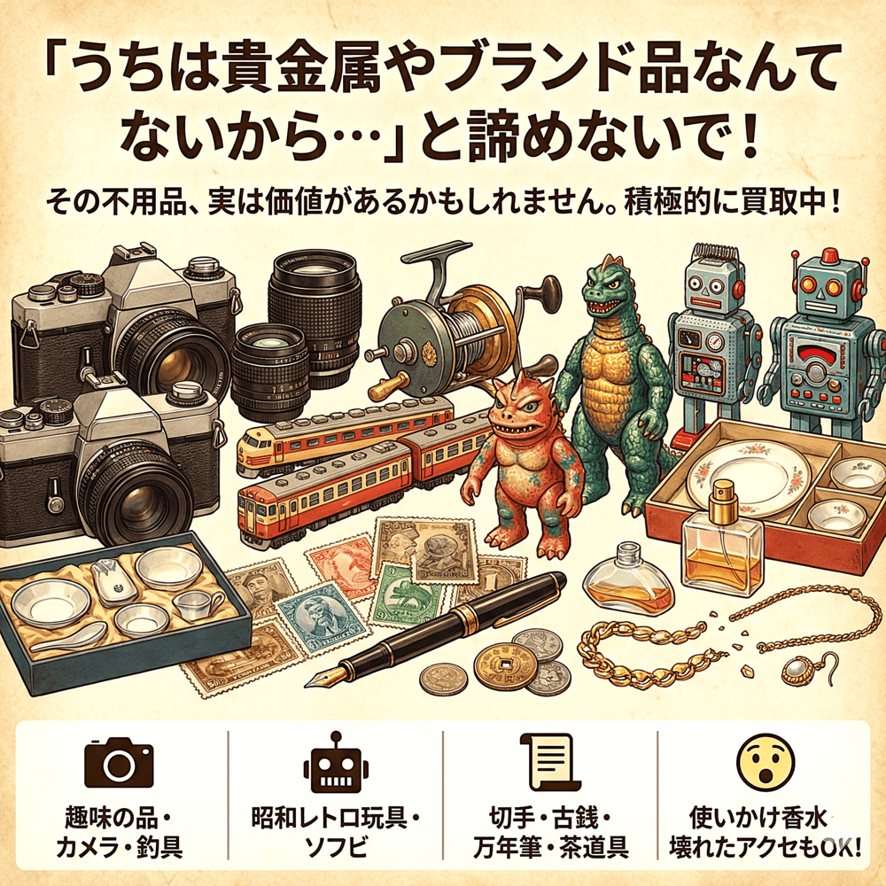 カメラ・釣具・古い玩具・ソフビ・切手・古銭・万年筆・茶道具・CD・DVD・レコード