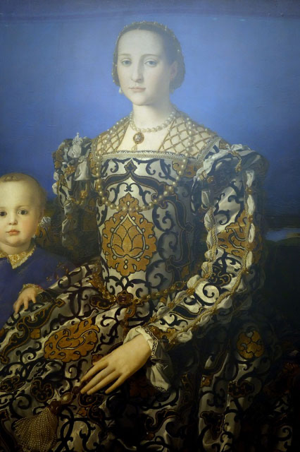 Angolo Tori, called Bronzino, Portrait of Grand Duchess Eleonora of Toledo and her Son Giovanni, ca. 1545, Galleria degli Uffizi, Firenze. Epochs of Fashion - Italian Renaissance fashion dress