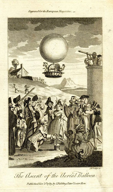 18th century engraving of people watching ascent of balloon