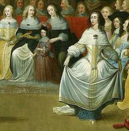 Detail focussing on female dancer from Hieronymus Janssen, "Charles II Dancing at a Ball at Court"