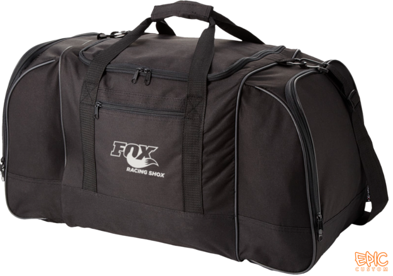 Custom printed 55 litre black sports kit bag with logo branding example
