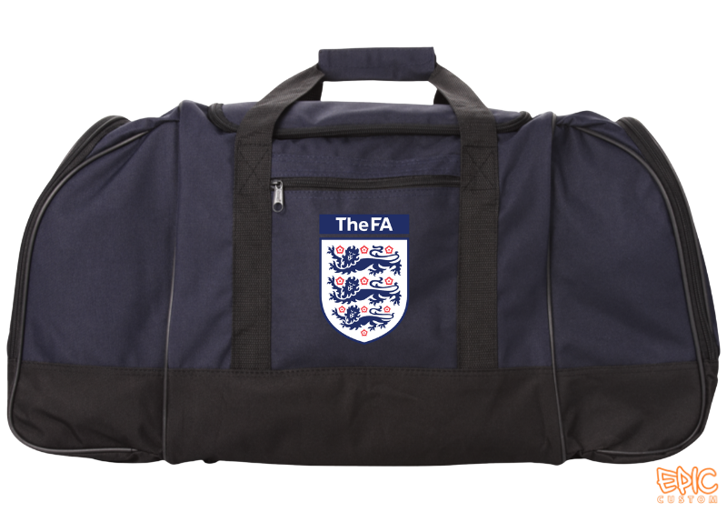 Custom printed 55 litre navy and black sports kit bag with crest branding example