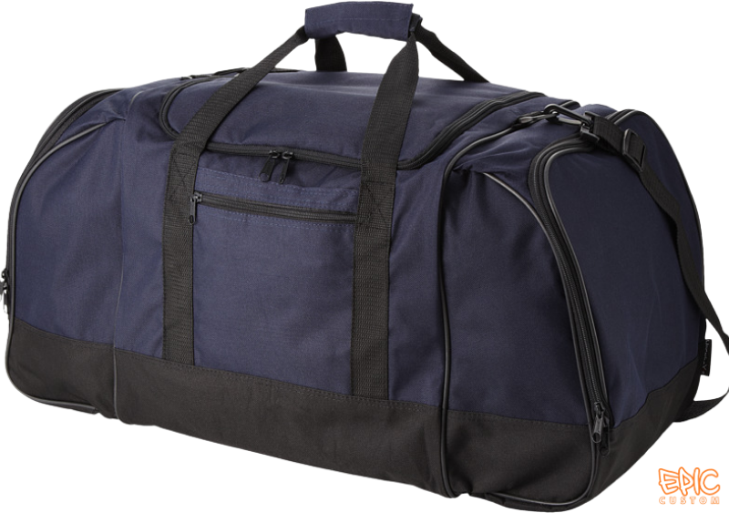 Custom printed 55 litre navy and black sports duffel bag angled view