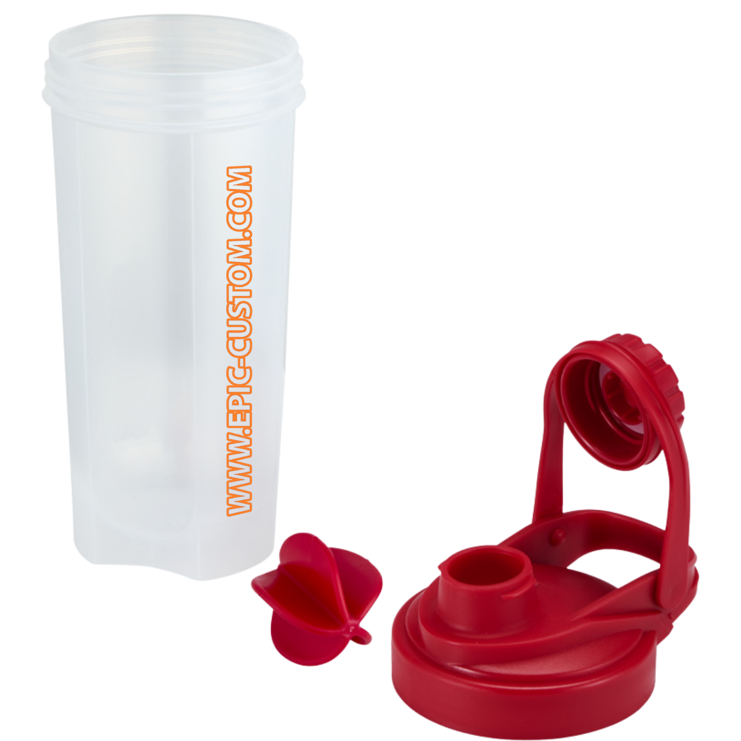 Close-up of epic custom printed protein shaker bottle in red