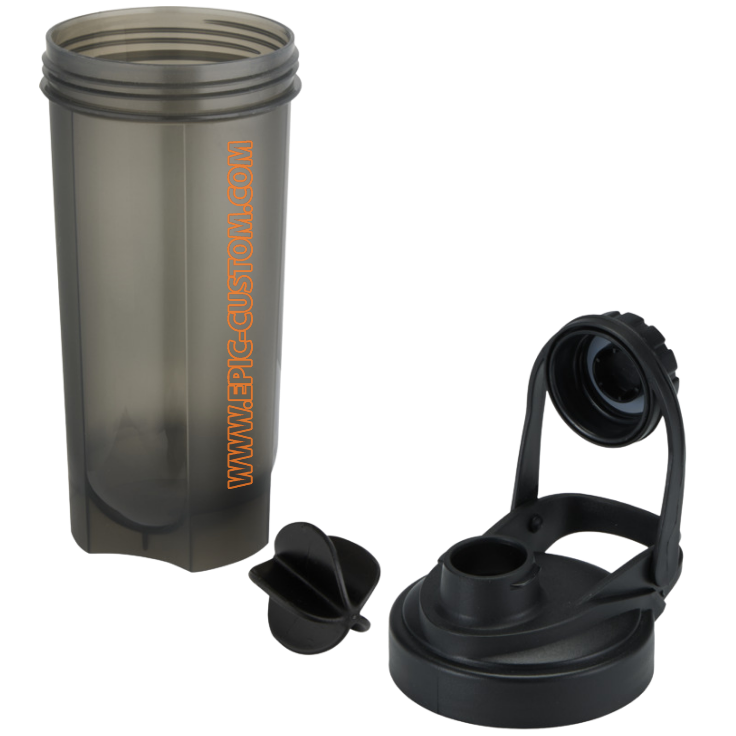 Close-up of epic custom printed protein shaker bottle in translucent black