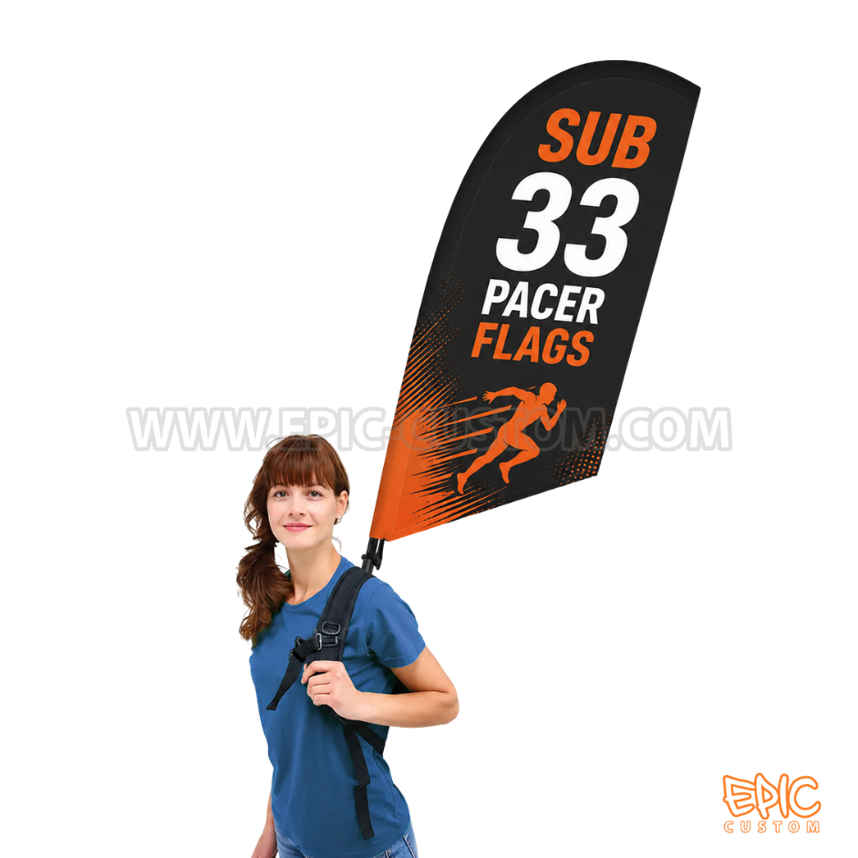 Feather style pacer flag providing excellent visibility for pace groups and event sponsors.